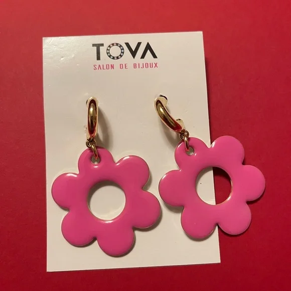 TOVA Pink reverse to White Flower Earrings Shaw flower earring - Picture 2 of 2